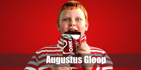 Augustus Gloop wears a striped shirt and denim pants. He wears a pair of black socks and sneakers, too.