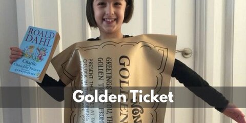  Golden Ticket’s costume is a metallic gold dress, gold shoes with heels, a gold crystal goddess headband, and a giant metallic gold ticket.