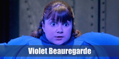  Violet Beauregarde costume, for her 1971 look, wears a blue button-down top with matching blue pants, held up by a red belt.