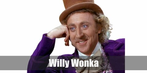  Willy Wonka’s costume is a white dress shirt underneath a purple patterned vest, a deep purple waist coat, a gold tie, beige pants, brown loafers, a brown top hat, and a brown walking cane.