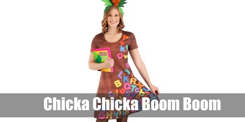  Chicka Chicka Boom Boom’s costume is a casual short brown summer dress and brown leggings with colorful lowercase and uppercase letters attached to them, brown boots, and a tree headband.