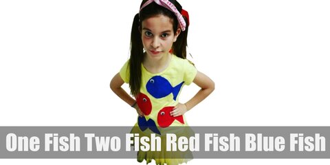 The One Fish, Two Fish, Red Fish, Blue Fish costume features a yellow set of clothing with fish cut outs on the shirt.