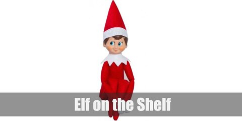  Elf on the Shelf’s costume is a red top with white collar, red pants, red sneakers, white gloves, and a red elf hat with white trim 