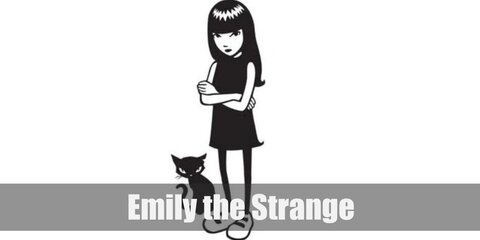 Emily's costume features an almost all-black outfit starting off with a dress, tights, and a pair of white sneakers. She also has full bangs and long dark hair.