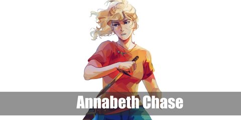 Annabeth wears an orange printed shirt, denim shorts, and sneakers. She carries a dagger. Her hair color is blonde.