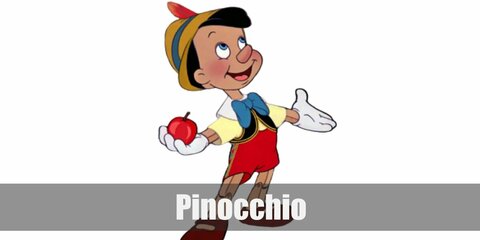 Pinocchio’s costume is a yellow shirt with a white collar and blue neck tie tucked in a pair of red shorts and worn with a pair of leather shoes.