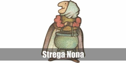 Strega Nona’s costume is an orange long-sleeve shirt underneath a green vest, a long purple skirt under a white apron, and a white scarf above her head. 