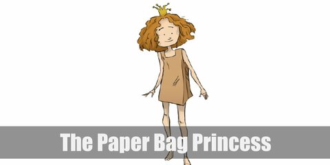 The Paper Bag Princess' costume consists of a brown sleeveless dress as well as wig with a small crown.