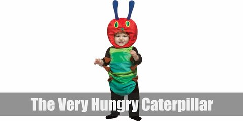 The Very Hungry Caterpillar’s costume is a green-striped shirt, black tights, a red beanie, and a few different colored felt paper.