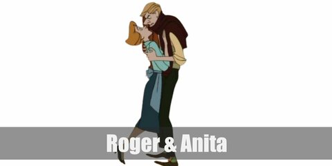  Roger & Anita’s costume are a yellow Oxford shirt, mustard vest, green pants and a light blue button-down shirt, teal midi skirt, and a waist apron.