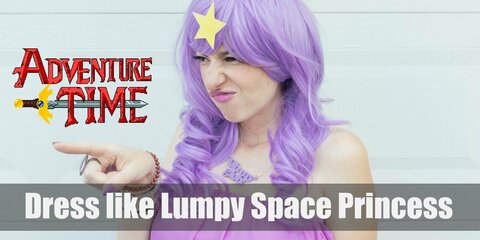 Lumpy Space Princess' signature outfit is that of a floating purple cloud or cotton candy with a big yellow star on her forehead that glows when she floats.