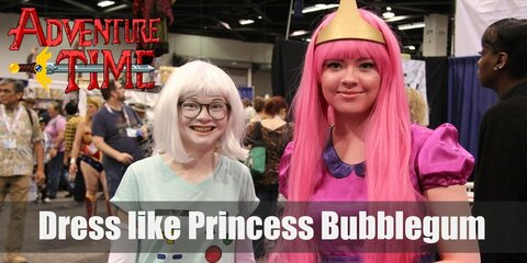 Princess Bubblegum costume is a long pink hair and wears a long pink princess gown with her signature tiara.