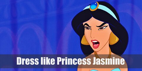 Princess Jasmine’s costume resemble that of Arabian harem women. She wears a simple light blue top with sewn on sleeves and billowing light blue harem pants. She puts up her hair in sectioned ponytails and is adorned in golden jewelry as well.  