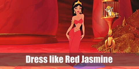 Princess Jasmine’s red costume is more revealing than her blue one. That’s probably because Jafar was the one who chose this. She wears a pair of billowing red harem pants, a red tube top, and gold accessories. 