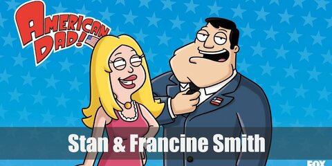 Stan's costume features a navy blue suit, white shirt, black tie, and an American flag pin.Meanwhile, Francine wears a pink dress and matching shoes. She also has blonde hair and a gold necklace.