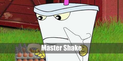  Master Shake’s costume is a pair of grey pants, a hula hoop and white sheet for his body, EVA foam for his pink straw, and yellow gloves.