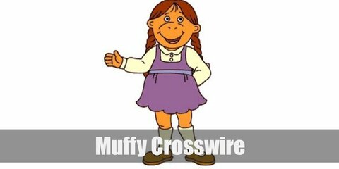 Muffy's cute costume involves a round-collar shirt under a purple dress. She wears it with black shoes and white socks. Rock her cute monkey feature with a monkey hat and a braided wig.