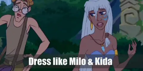 Milo costume is a khaki tank top tucked in olive cargo pants, white knee-high socks, and boots. Kida costume is native Atlantean garb which consists of a blue bandeau and a patterned wrap-around skirt 