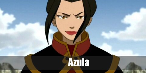 Azula’s costume is a loose red tunic, red harem pants, red elf shoes, a black gladiator skirt, top armor, shin guards, and a custom head piece '