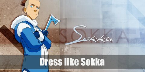 Sokka costume is a long light blue wrapped shirt with similar colored pants, he has a white bead necklace and a brown cross body bag, and brown boots with black knee pads.