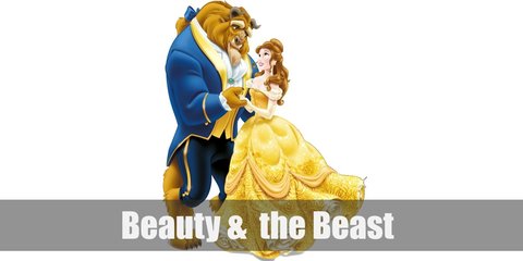 The Beast costume is a nice blue Victorian jacket, yellow paisley vest, and black dress pants for his famous ballroom dance with Belle.  