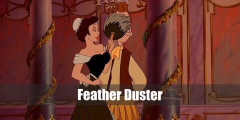  Feather Duster’s costume is a black renaissance top, a black and white puffy skirt, a maid’s apron and headband, and white feather gloves.