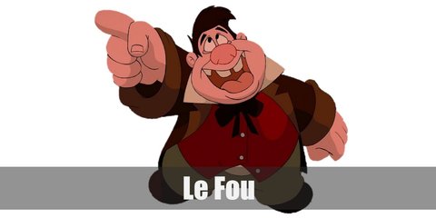 Le Fou costume is a white dress shirt underneath a red vest, green pants, and a brown coat.