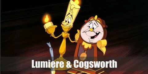  Lumiere & Cogsworth’s costume are a gold bodysuit, a white top hat, gold pedestal bowls, gold cardboard sheets, a gold sweatshirt, brown pants, cardboard sheets, red fabric, and lots of metallic acrylic paint.