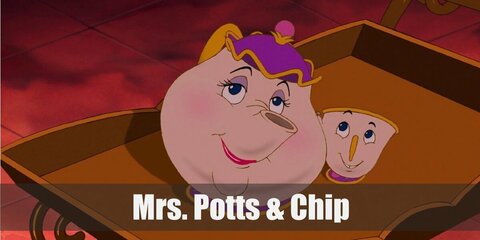  Mrs. Potts & Chip’s costume are a light yellow long-sleeve shirt, a white skirt, a mop cap, a white onesie, white leggings, a purple skirt, and a few artsy materials. 