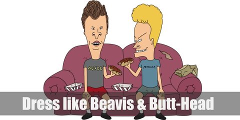 Beavis' costume consists of a dark  blonde pompadour-style wig, a blue shirt with Metallica on print, grey shorts, and black shoes. Meanwhile, Butt-head has brunette hair and wears a grey shirt with AC/DC on the chest paired with red shorts and black shoes. 