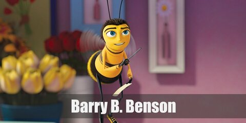  Barry B. Benson’s costume is a yellow and black-striped sweater, black pants, black shoes with yellow details, black gloves, a bee antennae headband, and bumblebee wings.