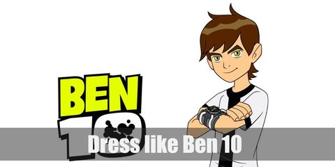 Ben wears a white T-shirt with black strips, green military cargo pants, black and white sneakers, and a watch-like gadget.