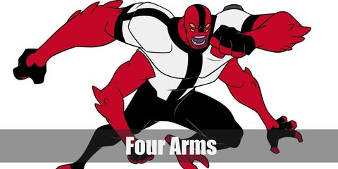 Four Arms’s costume is  a white T-shirt with pronounced black linings, black pants, and black half finger gloves.