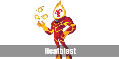  Heatblast’s costume is a one-piece red bodysuit with yellow lava markings, yellow gloves, and yellow sneakers.