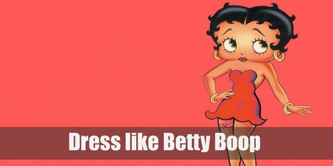 Betty Boop’s costume is iconic so it’s easily recognized when worn. She wears a red strapless mini dress, red heels, a garter with a heart, and gold hoop earrings.  