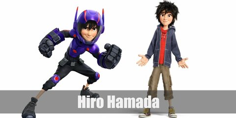  Hiro Hamada’s costume is a red shirt, cargo pants, a blue hooded jacket, and grey sneakers. Hiro’s hero costume is a black long sleeve shirt, black pants, black sneakers, and his purple and red armor.