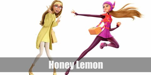  Honey Lemon’s costume are a yellow dress underneath a yellow long cardigan, ivory tights, yellow Mary Janes, a yellow headband, and a hot pink pair of glasses or a magenta mini dress over a purple bodysuit, red armor, purple boots, and her iconic Chem-Purse.