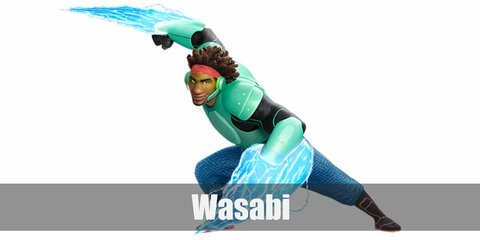 Wasabi’s costume is a black compression shirt, blue harem pants, black sneakers, yellow goggles, and his signature dreadlocks.