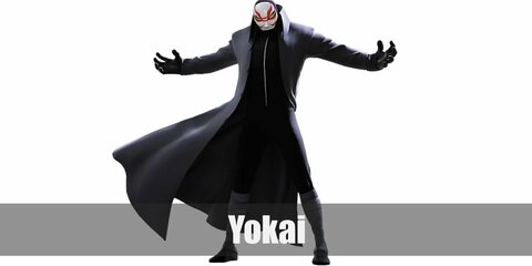  Yokai’s costume is a black zip-up vest, black pants, black sneakers, black gloves, a black long coat, and a Kabuki mask.