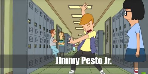  Jimmy Pesto Jr.’s costume is a short-sleeved yellow T-shirt, casual regular-fit black pants, casual white lace-up sneakers, a casual purple vest, and lightweight headphones.