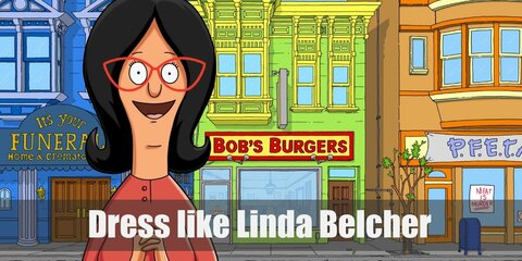 Linda Belcher costume is a red long-sleeved shirt with a v-neck collar, her iconic red glasses, blue jeans, and yellow shoes with white socks.