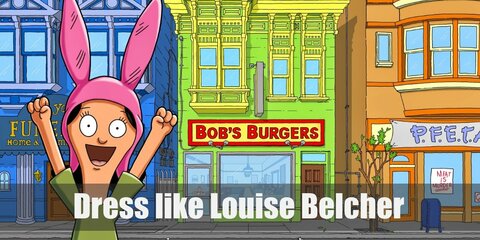 Louise Belcher costume is iconic pink rabbit ear hat, a green frock, and black sock-less Mary Jane shoes.