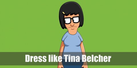 Tina Belcher costume is a light blue t-shirt, a navy blue skirt, white tube socks with a red stripe, and black high-top sneakers.