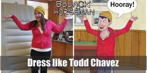 Just got out of bed? Perfect! You're half way done. Now all you need to do to look like Todd Chavez is to zip-up that red hoodie, slip on those gray sweatpants and put on your blue flip-flops. Don't forget the yellow beanie hat!