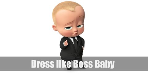  Boss Baby costume is a black and white suit with accessories like a black tie and a toy phone. 