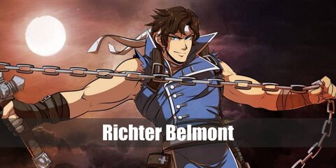 Richter Belmont's character costume features a blue coat, light-colored pants, boots, and gauntlet gloves. He carries a whip and a dagger, too. 