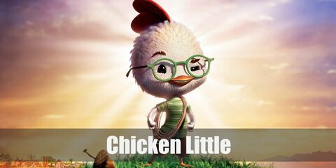  Chicken Little’s costume is a white long-sleeved shirt, a green striped t-shirt, brown shots, orange tights, orange shoes, and a pair of green glasses.