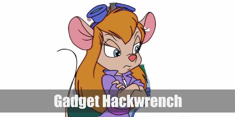 Gadget Hackwrench's costume consists of a purple button-down shirt over a white crewneck top. Pair it with purple jeans a belt. Wear an orange wig wieth animal ears and a blue pom headband, too.