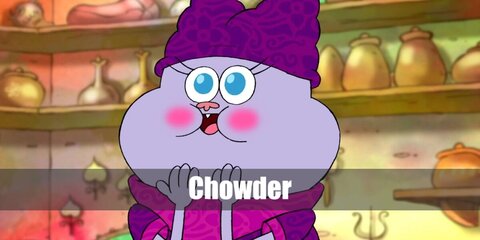  Chowder’s costume is a purple long-sleeved tunic dress with pink details, purple shoes, a two-eared purple beanie, and purple face paint.