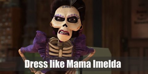  Mama Imelda costume is skeleton leotard with black hair pinned back. She wears a purple dress with a brown apron in front. 